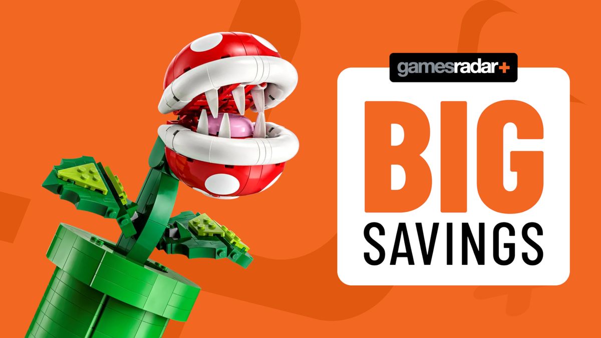 The Lego Piranha Plant beside a &#039;big savings&#039; badge on an orange background