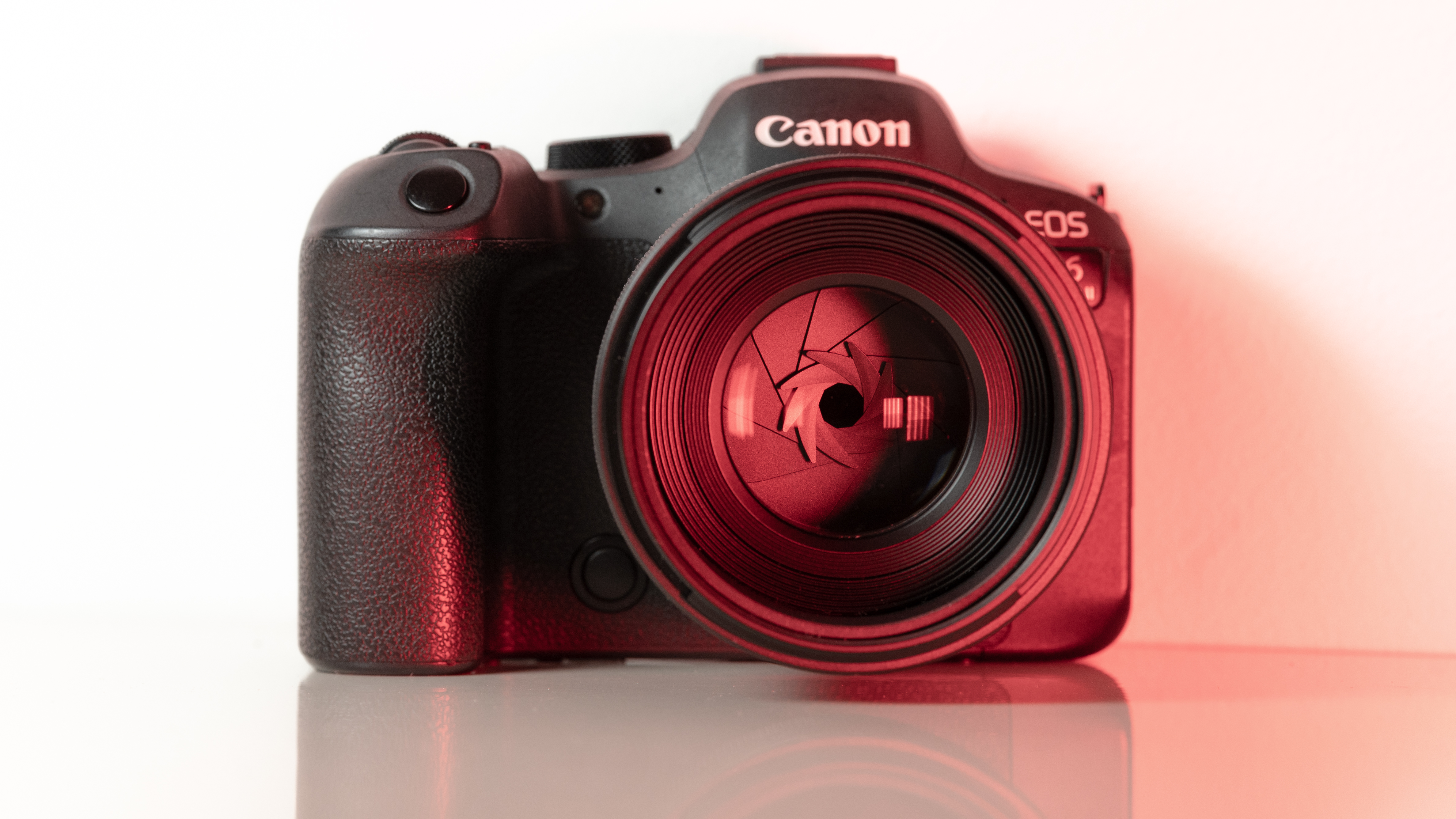 A picture of the Canon RF 45mm f/1.2 lens mounted on the Canon EOS R6 Mark II from the front.