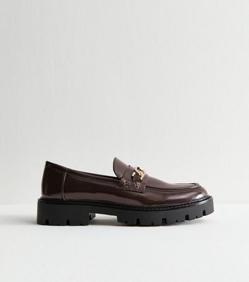Brown Faux Leather Chain Link Chunky Loafer