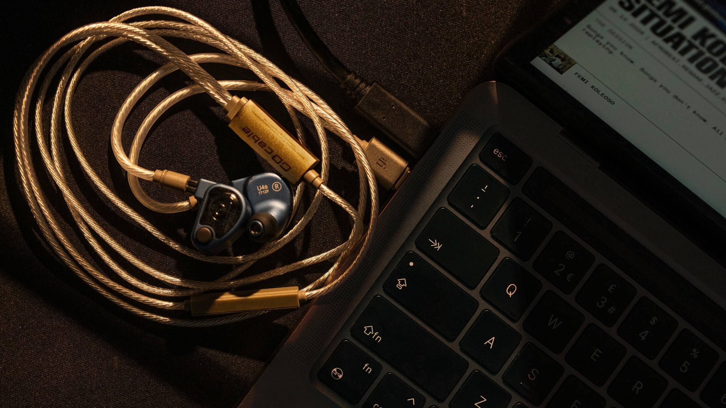 The iFi Go Cable coiled by a laptop.