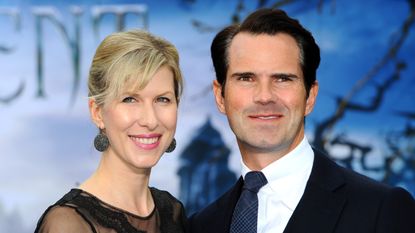 : Karoline Copping and Jimmy Carr attend a private reception as costumes and props from Disney's "Maleficent" are exhibited in support of Great Ormond Street Hospital at Kensington Palace on May 8, 2014 in London, England.