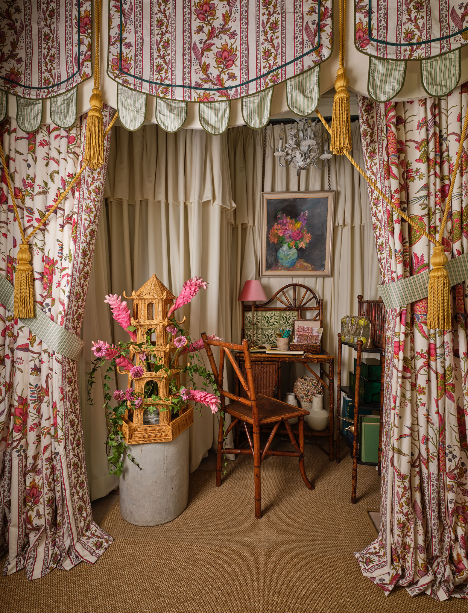 Pattern-filled, heavily draped Command Center and Powder Room by Tartan &amp;amp; Toil featuring bamboo accent furniture