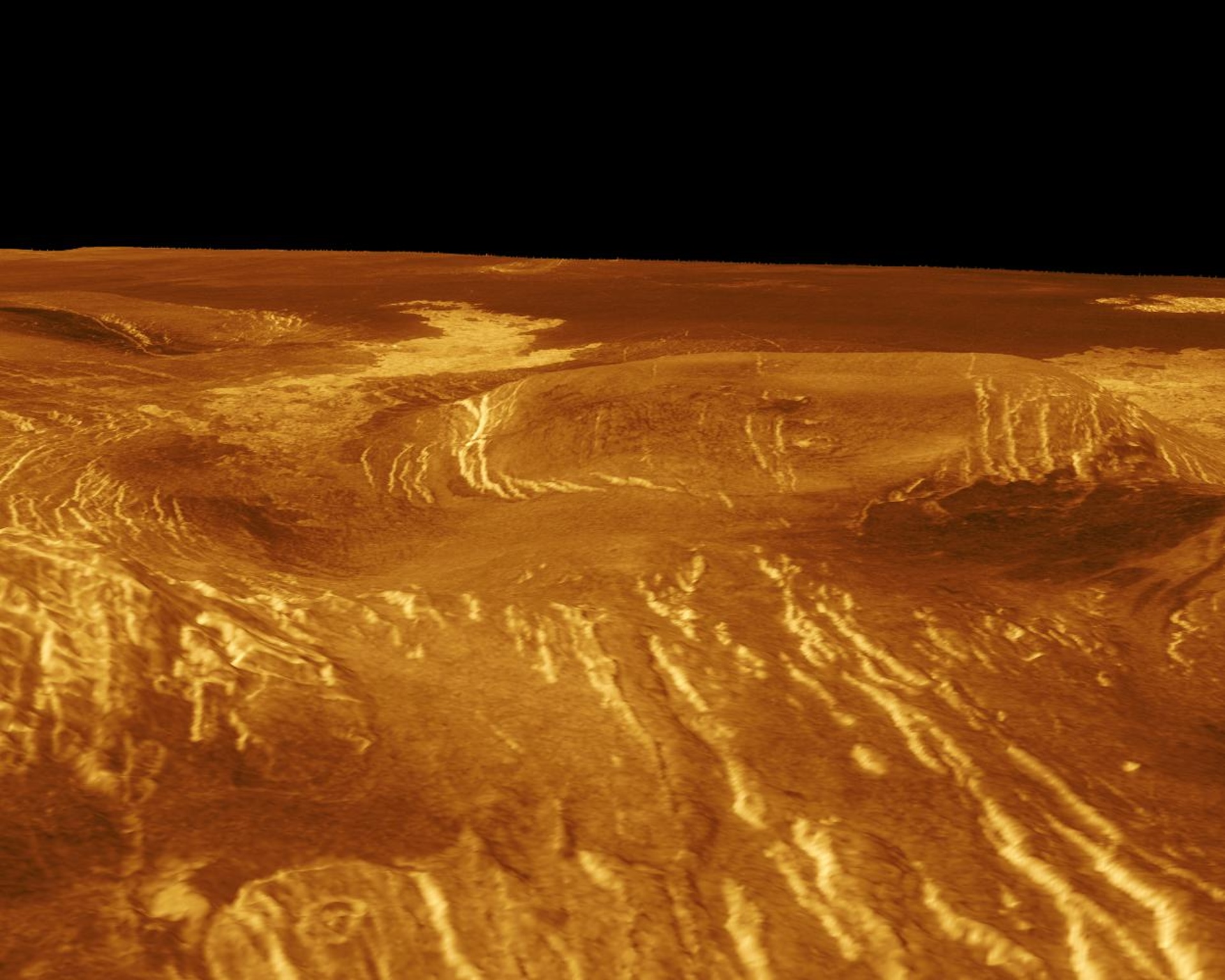 a computer simulated image of orange swirling shapes on the surface of Venus