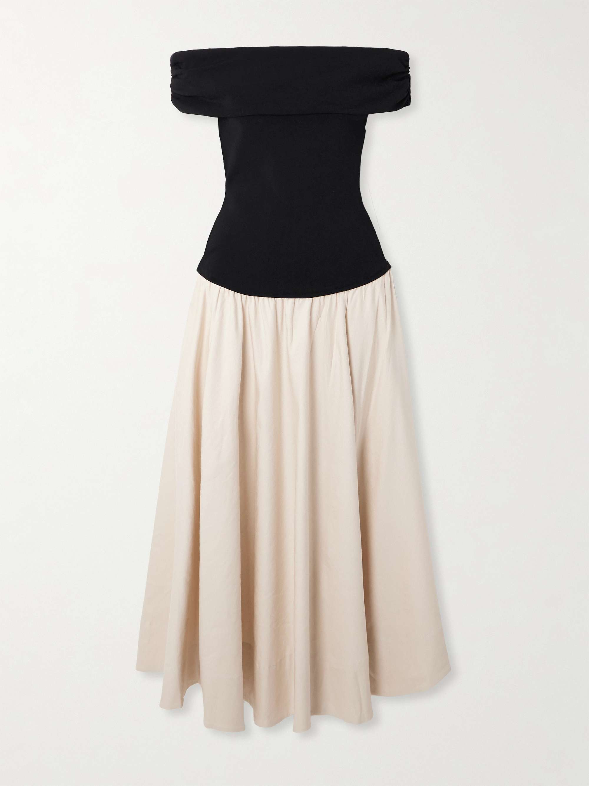Adaline Off-The-Shoulder Linen-Blend and Recycled Satin-Jersey Midi Dress