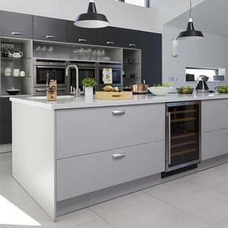 white kitchen with grey cabinets and worktop