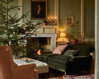 Cozy christmas living room with fireplace, tree and seating