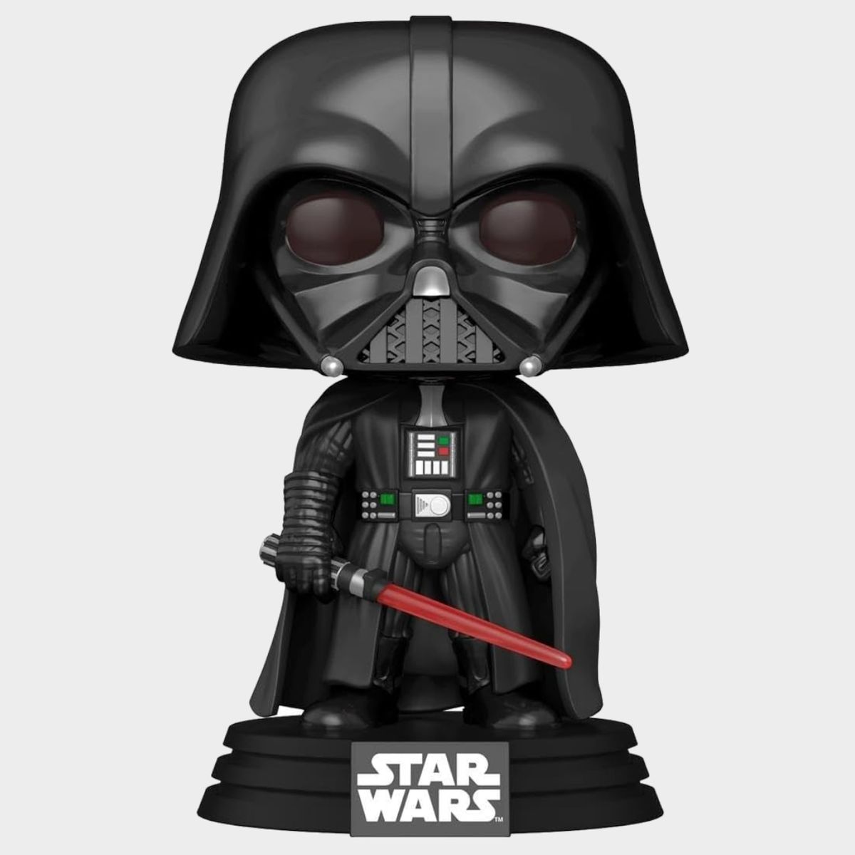 Darth Vader Funko Pop on a stand against a plain background