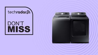 Samsung washer dryer on purple background with don't miss text overlay