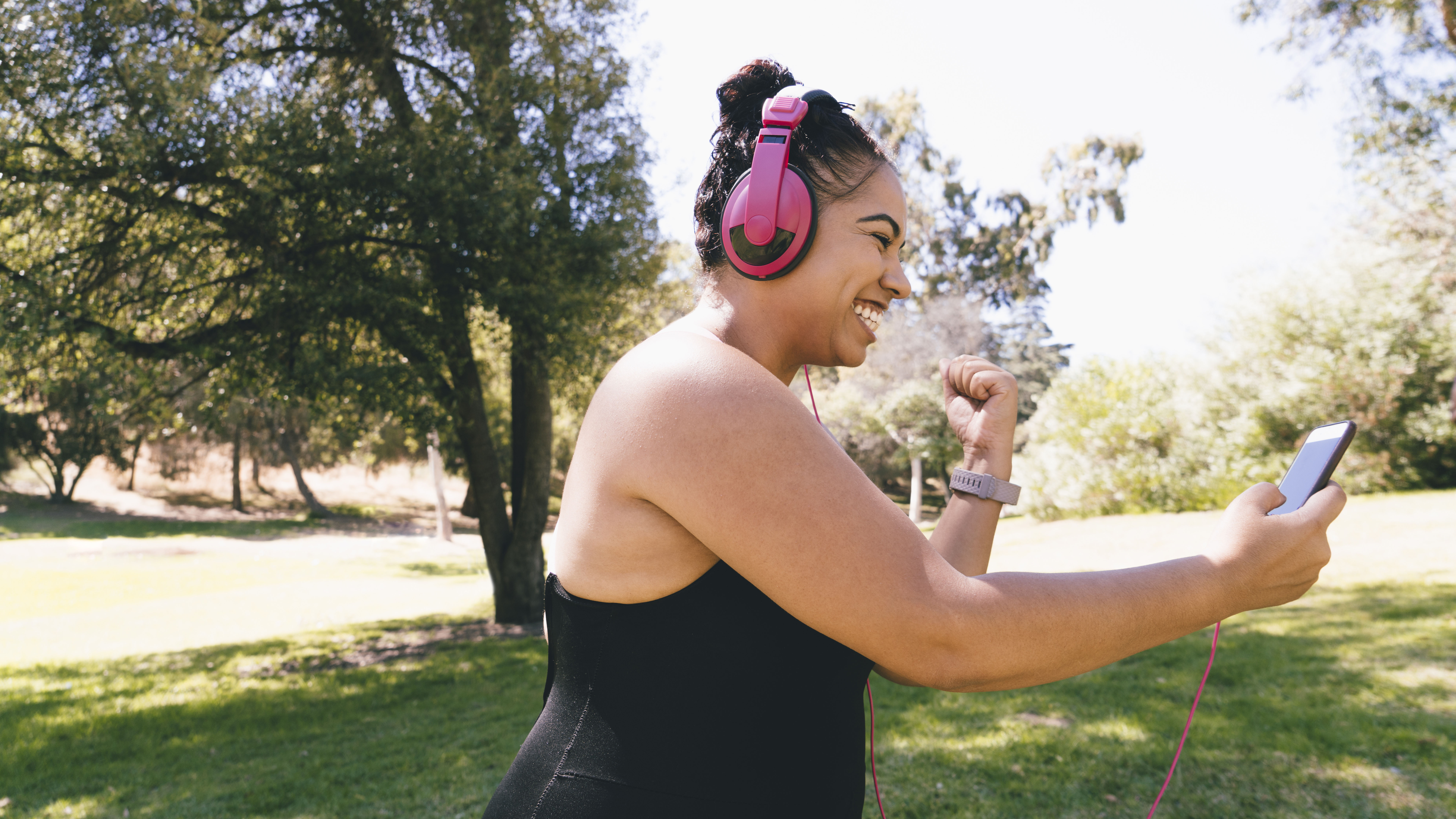 Woman listening to music and working out