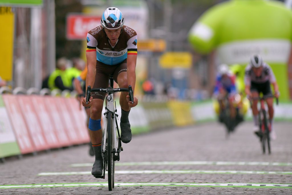 GERAARDSBERGEN BELGIUM OCTOBER 03 Arrival Oliver Naesen of Belgium and Team Ag2R La Mondiale during the 16th BinckBank Tour 2020 Stage 5 a 1836km stage from Ottignies Louvain la Neuve to Muur van Geraardsbergen 108m BinckBankTour BinckBankTour on October 03 2020 in Geraardsbergen Belgium Photo by Luc ClaessenGetty Images