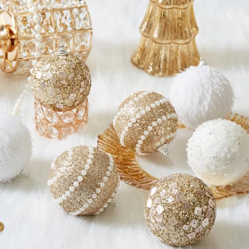 Champagne Gold Christmas Ball Ornaments, Christmas Ball Decorations Shatterproof Plastic Hanging Pearl Balls for Holiday Party(70mm/2.76&quot;, 12ct)