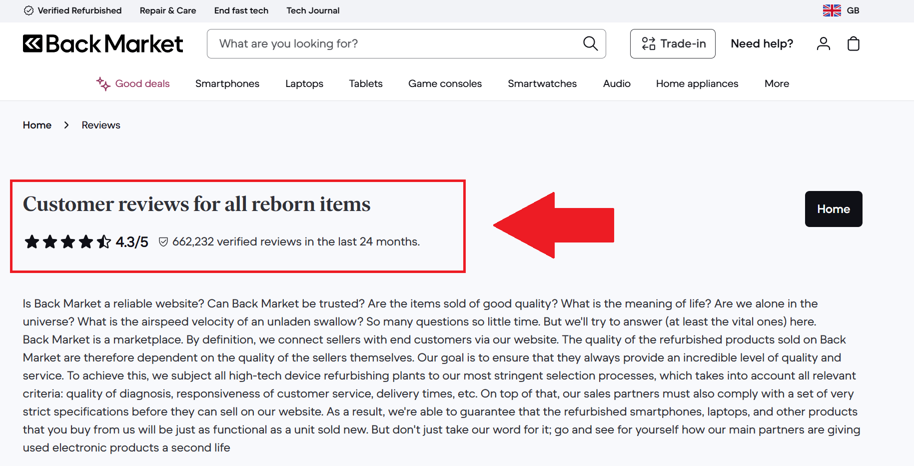 A screenshot showing the back market website customer reviews section