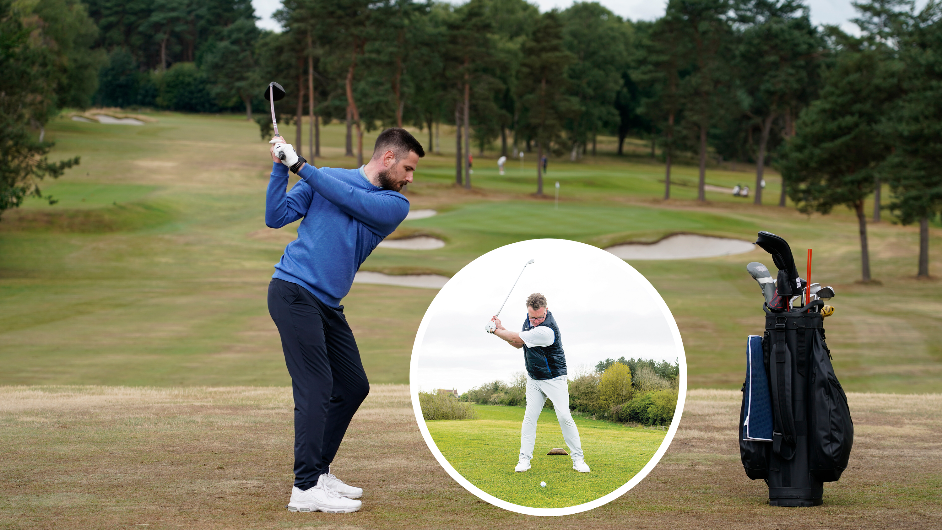Baz Plummer hitting a 3-wood into the wind with an inset image of John Jacobs hitting an iron shot into the wind