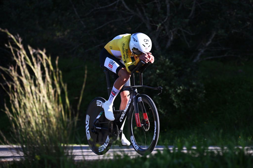 MALHAO PORTUGAL FEBRUARY 23 Jan Christen of Switzerland and UAE Team Emirates XRG Yellow leader jersey competes during the 51st Volta ao Algarve em Bicicleta Stage 5 a 196 individual time trial stage from Salir to Malhao 477m on February 23 2025 in Malhao Portugal Photo by Tim de WaeleGetty Images