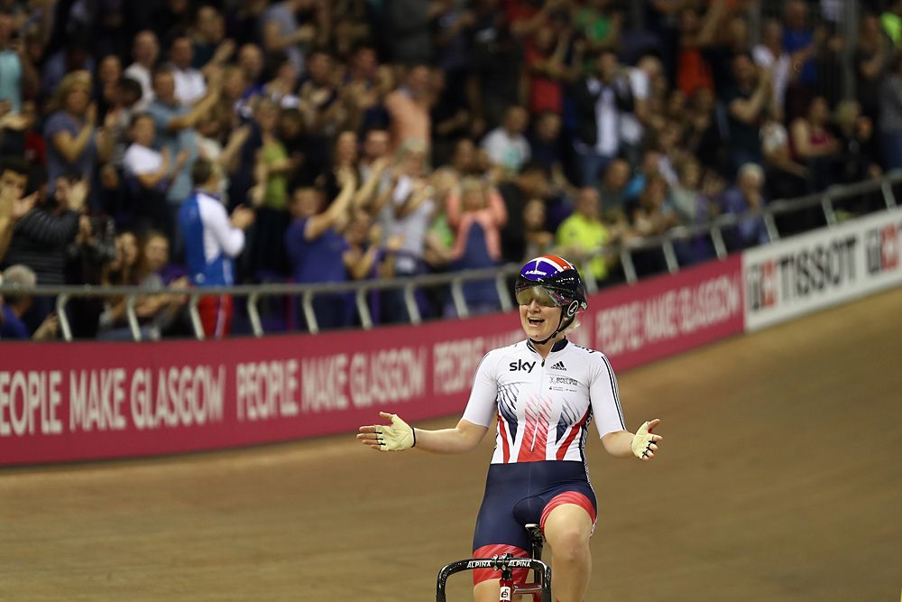 Britain's Emily Kay celebrates winning the Women's Omnium