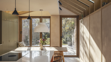 small kitchen extension with pendant lighting and green cabinets