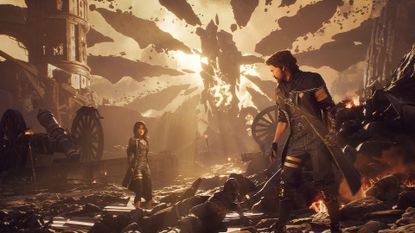 Two characters standing on a glowing battlefield during Clair Obscur: Expedition 33