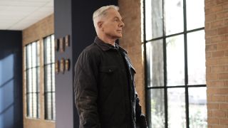 Mark Harmon&#039;s Leroy Jethro Gibbs standing near elevator in NCIS office