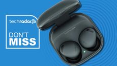 Samsung Galaxy Buds 2 Pro on blue background, with TR's 'Don't Miss' badge