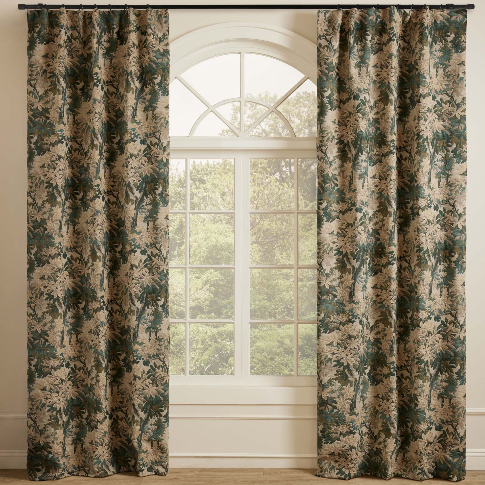 Green and brown floral print curtains