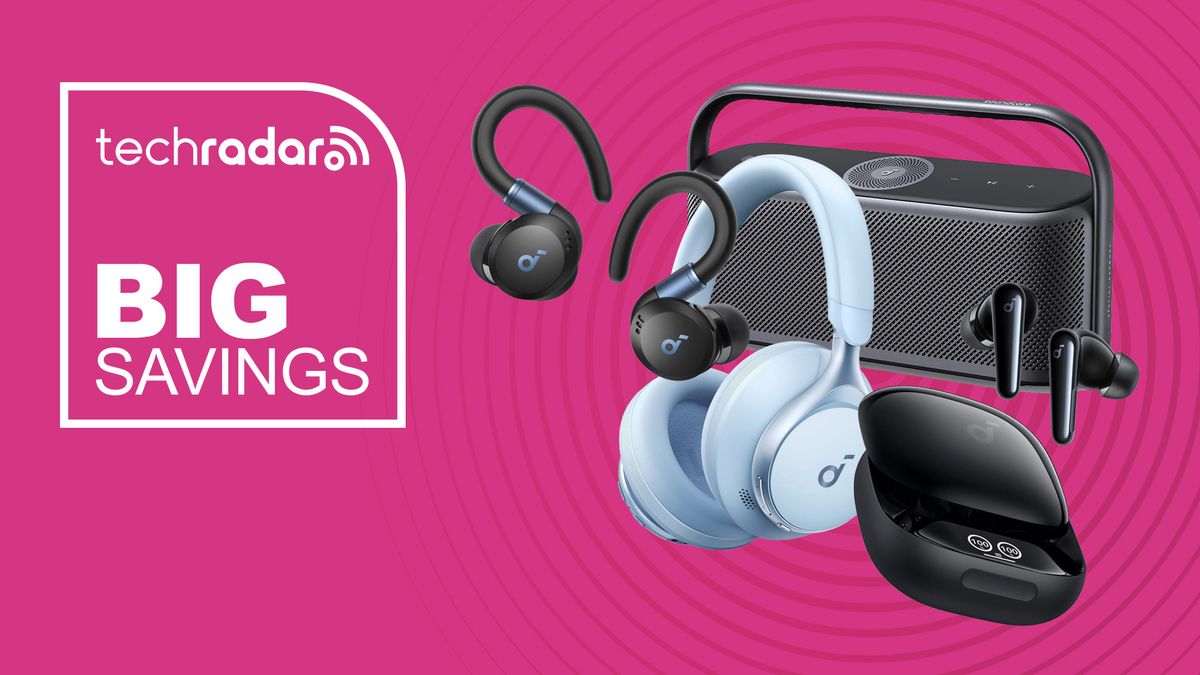 Anker Soundcore headphones and speakers on a pink background with &quot;Big Savings&quot; in white text.