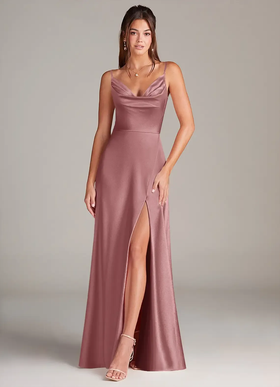 Azazi, Dusty Rose A-Line Pleated Stretch Satin Dress