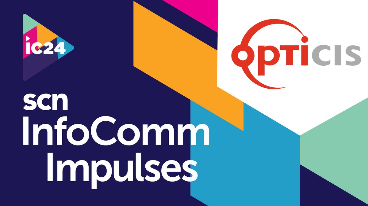 The Opticis logo over the SCN InfoComm 2024 Impulse design. 