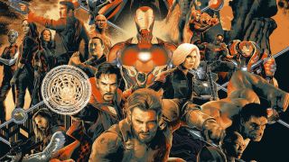 An Avengers: Infinity War SDCC 2018 poster featuring Captain America, Iron Man, Black Widow, and more