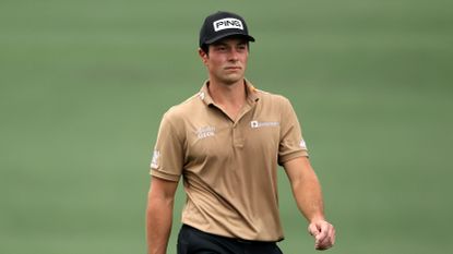 Viktor Hovland looks on from the second green during the Masters.