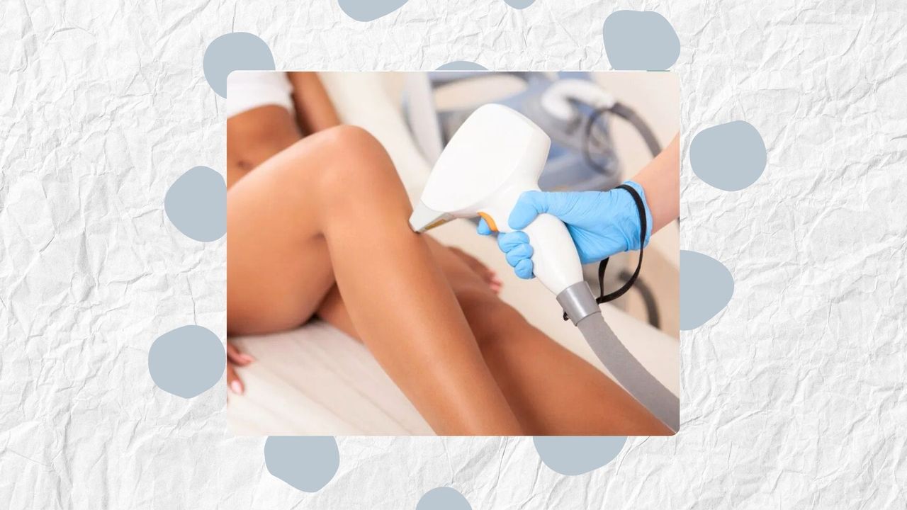 An image of a woman experiencing laser hair removal on her legs on a paper backdrop and blue polka dots