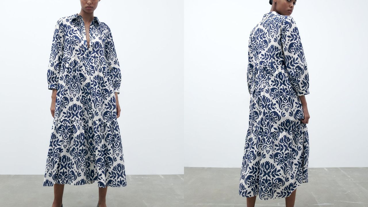 composite of model wearing midi patterned zara shirt dress