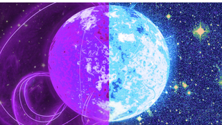 A sphere with its left half purple and its right half bright blue