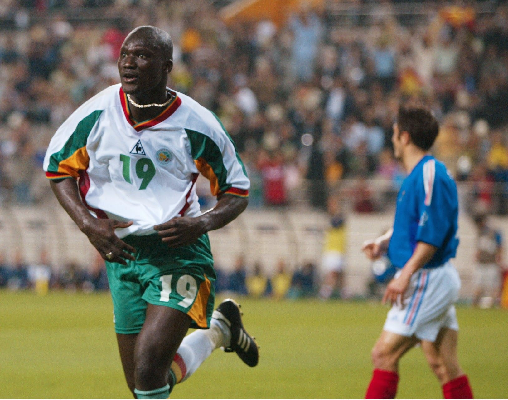 Papa Bouba Diop celebrates his goal for Senegal against France at the 2002 World Cup.