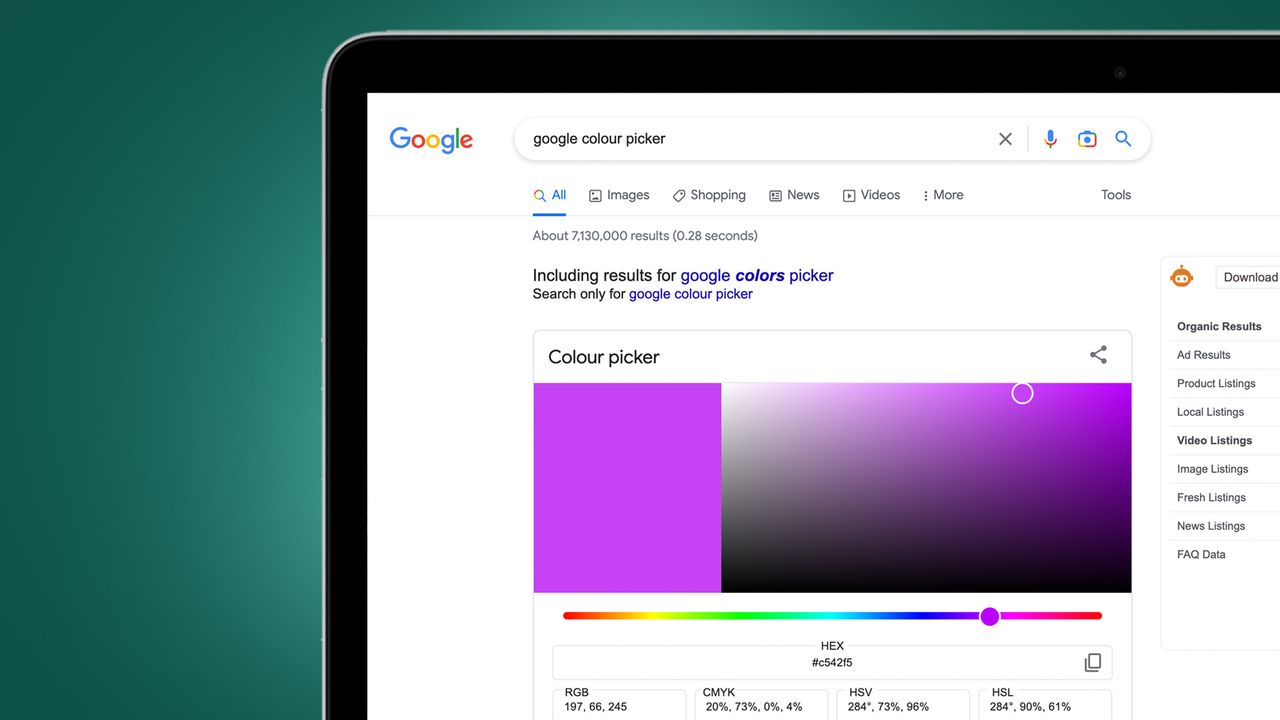 A laptop on a green background showing the Google Color Picker tool