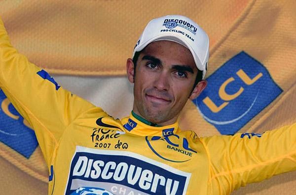 Alberto Contador is serious on the yellow jersey podium