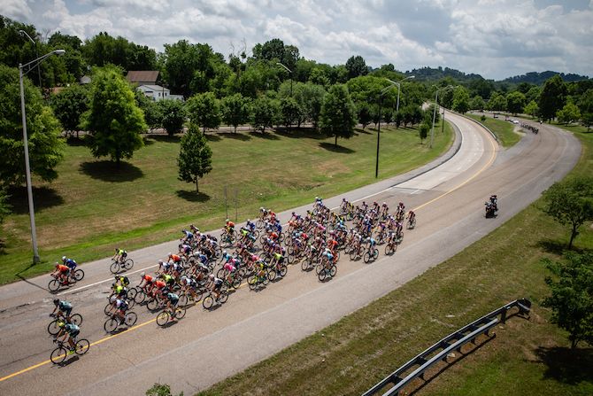 The men's peloton begins to split during the US Pro Road Race National Championships on June 24, 2018 in Knoxville, Tennessee