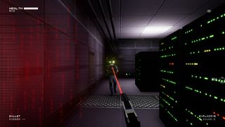 A first-person screen of a pistol aiming at a guard.
