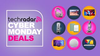 Assorted tech products on purple background with TechRadar Cyber Monday deals text overlay