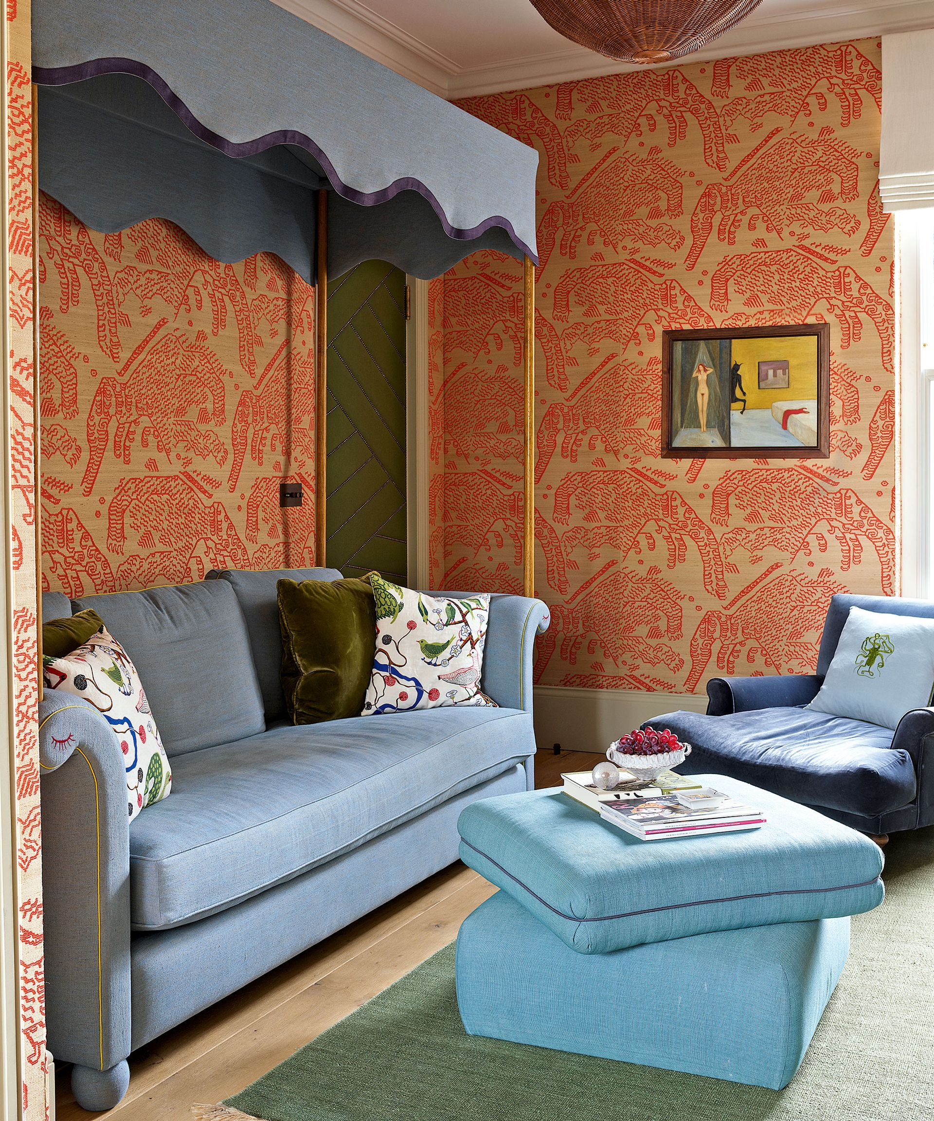 Living room with blue sofa