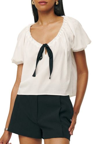 Tie Neck Puff Sleeve Organic Cotton Top