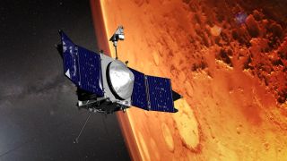 An illustration of a spacecraft with solar panels floating in front of a red planet