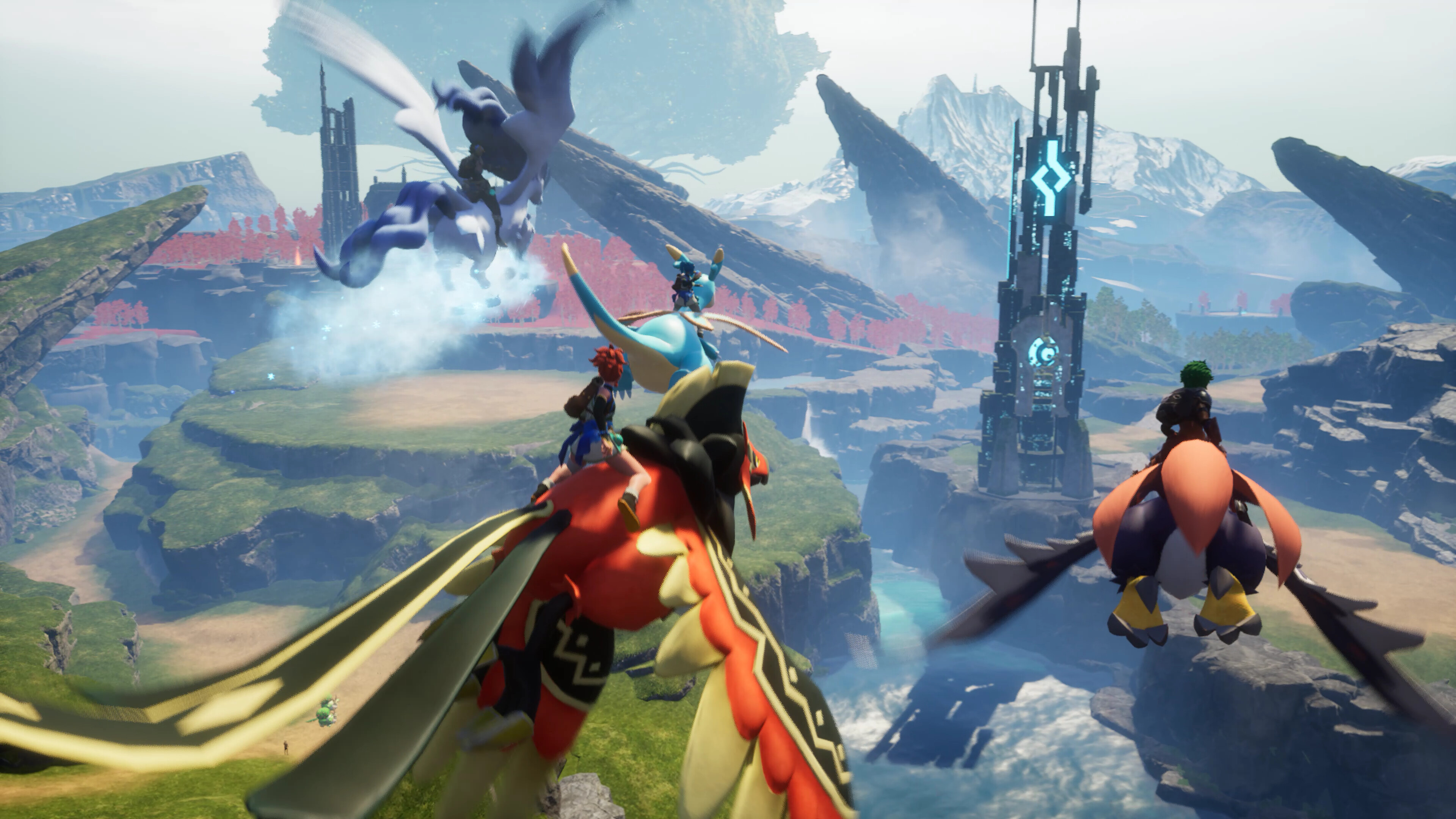 Promotional screenshot of players riding Pals in Palworld.