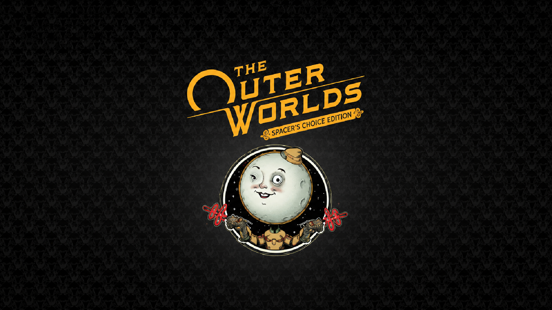 The Outer Worlds: Spacer&rsquo;s Choice Edition logo above the moon mascot on a dark patterned sci-fi background in a widescreen format.
