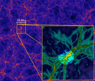 Computer simulations suggest that matter in the universe exists in a "cosmic web" that stretches between the nodes made up of galaxies. The insert shows a 10-million-light-year segment from a simulaton that inclues both gas and dark matter.