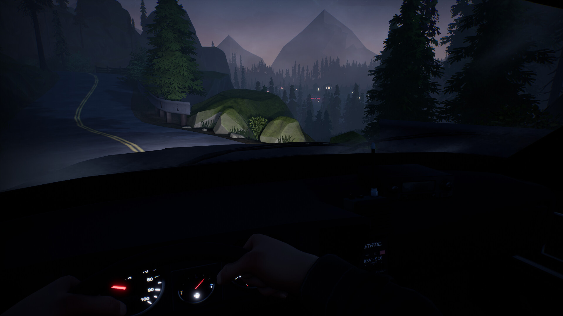 Radiolight gameplay showing Ethan driving towards distant mountains and dark trees