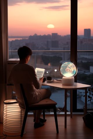 Person at desk with illuminated globe and tablet