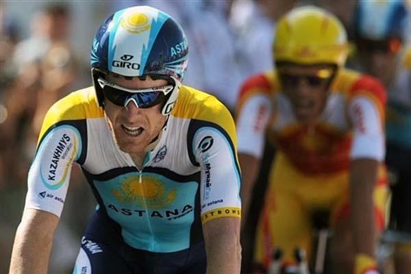 Team Astana's Levi Leipheimer and Alberto Contador finish the team time trial.