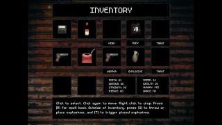 An inventory screen showing pistols, bottles, a can of gasoline, and a grenade.