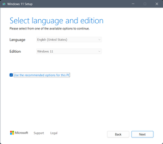 The language selection screen for downloading and installing a Windows 11 ISO file