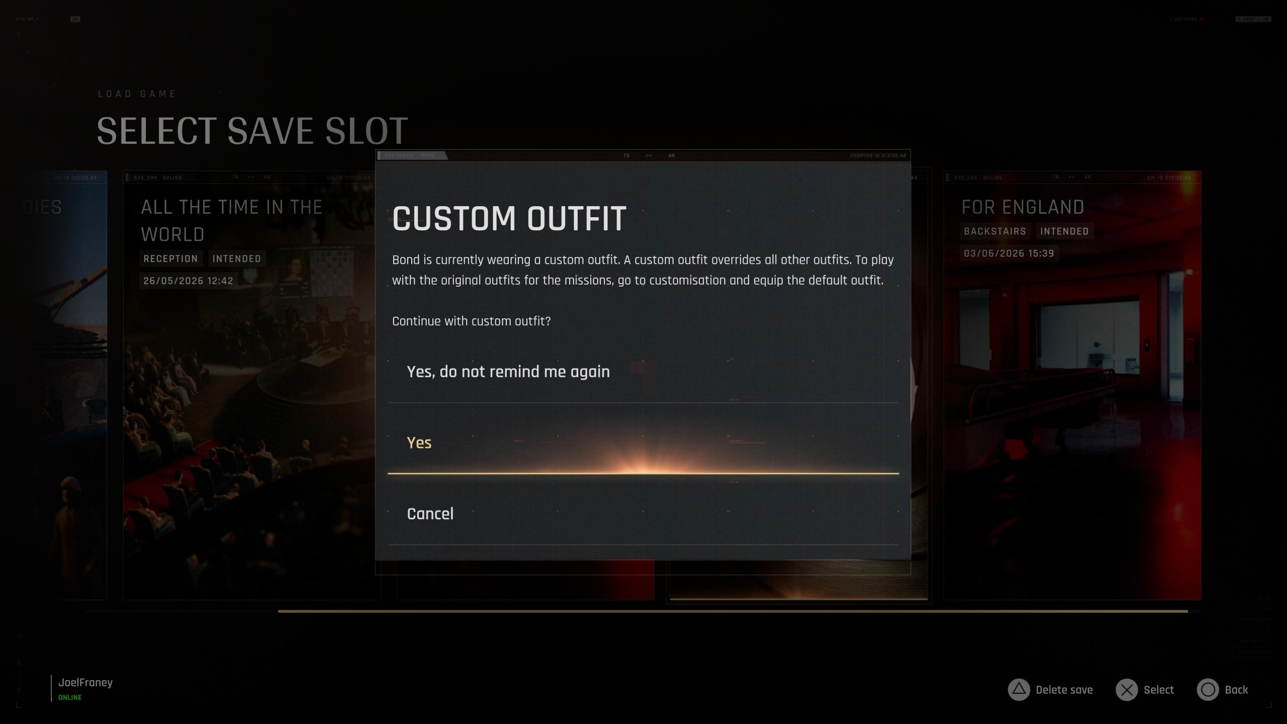 Outfit customisation in New Game Plus of 007 First Light
